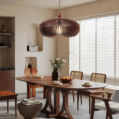 Suspension ronde en lattes de bois naturel, style Japandi, 17 pouces, luminaire d'ambiance pour table, îlot, salle à manger, cuisine ou salon
