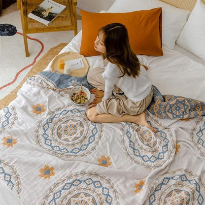 Cotton Throw Blanket with Mandala Pattern – Boho Geometric Design for Couch, Bed, Sofa – Lightweight Woven Coverlet for Living Room or