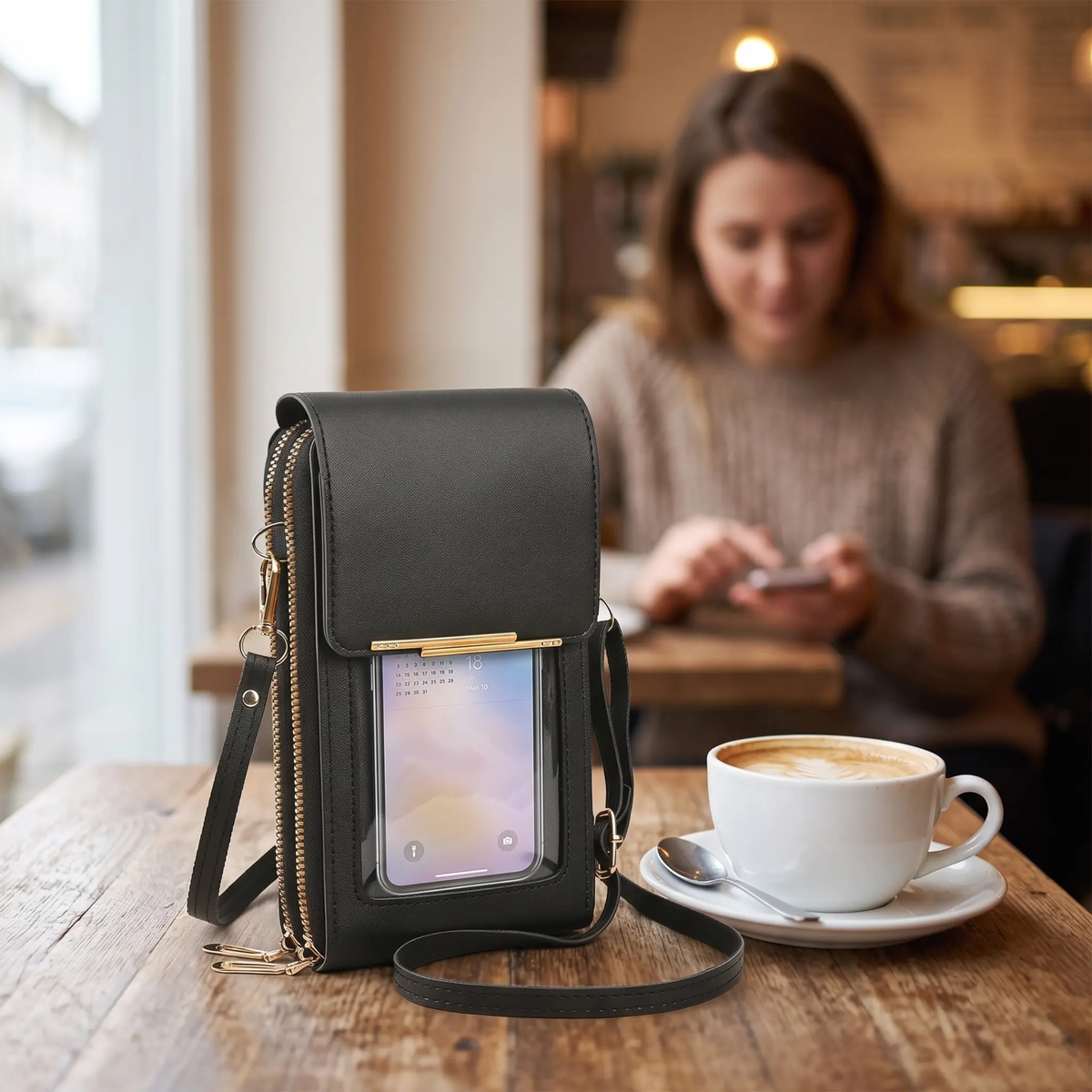 Touchscreen Crossbody Phone Wallet with RFID Blocking for Cards & Cash – Waterproof PU Leather Mini Purse Holds 6.7 in Smartphones