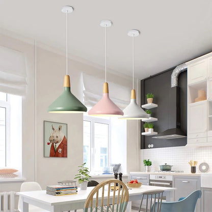 Hanging Ceiling Light Fixture Wire-Suspended E27 Socket Natural Wood Accent Modern Minimalist Style for Kitchen Island Dining Table Living R