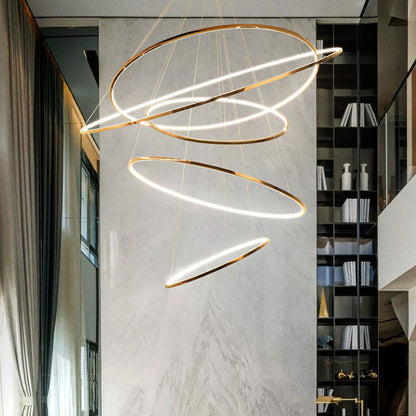 Lustre à anneaux LED en cascade à plusieurs niveaux pour grandes entrées et hauts escaliers – Éclairage décoratif moderne réglable en hauteur avec variateur à distance