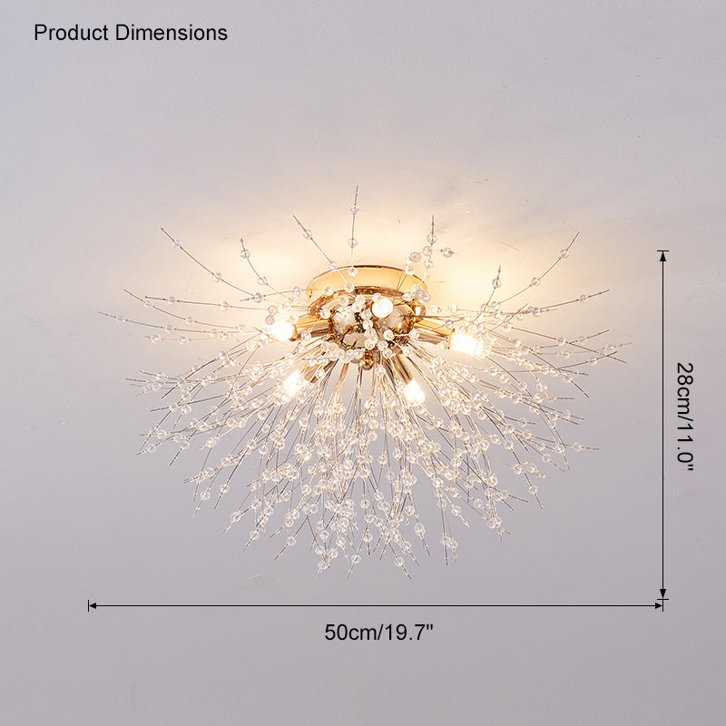 Plafonnier encastré au design pissenlit en cristal – Luminaire de 16 po doré et argenté pour chambre, couloir, salle de bain