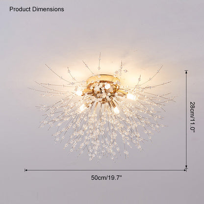 Plafonnier encastré au design pissenlit en cristal – Luminaire de 16 po doré et argenté pour chambre, couloir, salle de bain
