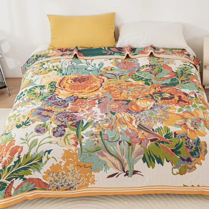 Reversible Cotton Throw Blanket with Jacquard Floral Pattern for Couch, Bed, Year-Round Comfort & Elegant Home Decor