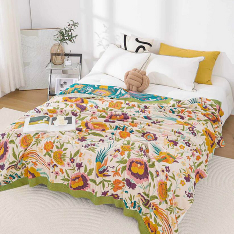 Couvre-lit Serene Soft Blossom – 100 % gaze de coton, motif floral réversible