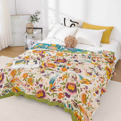 Couvre-lit Serene Soft Blossom – 100 % gaze de coton, motif floral réversible