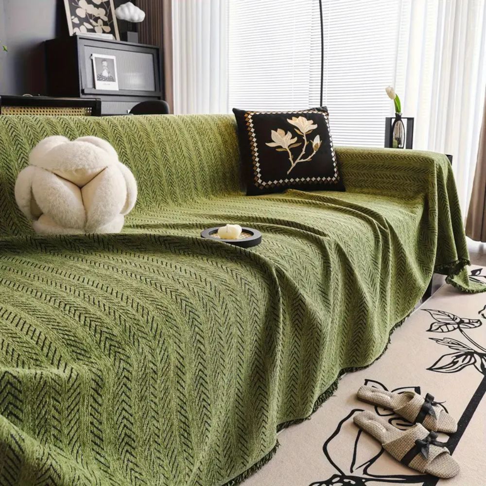 Textured Chenille Couch Cover with Tassels – Non-Slip Pet-Friendly Sofa Protector for 2-3-4 Seater Sectional Living Room Furniture