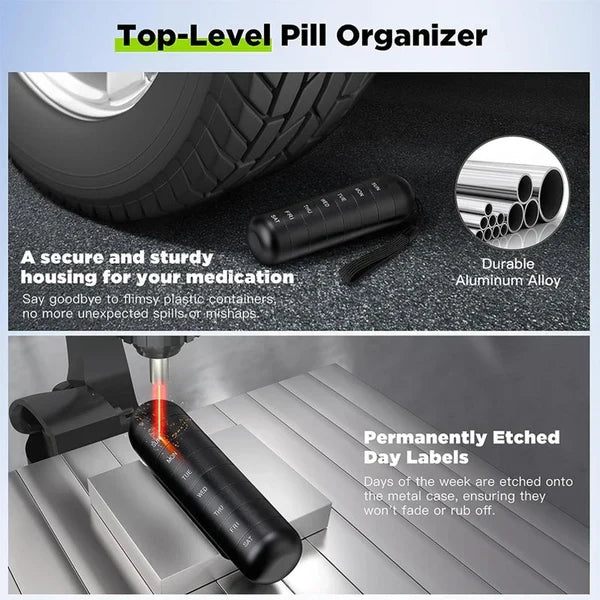 Weekly Medication Organizer Metal 7-Day Pill Case for Supplements Travel Vitamins Compact Stackable Waterproof Daily Dose Container