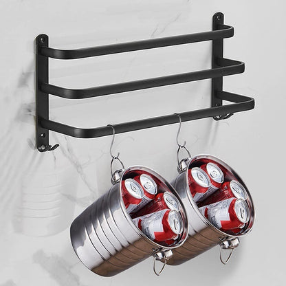 Wall-Mount Aluminum Bathroom Bar for Hand Towels & Washcloths – Black Triple-Rail Storage for Shower, Laundry & Kitchen – Space-Saving Dryin