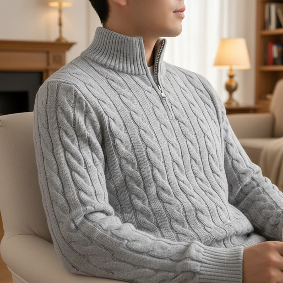 Cable-Knit Quarter-Zip Sweater for Men – 100% Cotton Stand-Collar Pullover for Fall & Winter