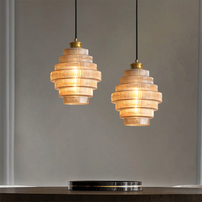 Tiered Glass Shade Ceiling Drop Light with Metallic Trim for Kitchen Islands & Eating Areas