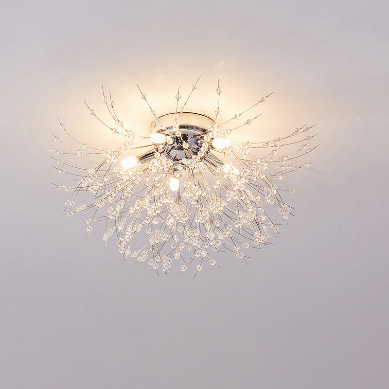 Plafonnier encastré au design pissenlit en cristal – Luminaire de 16 po doré et argenté pour chambre, couloir, salle de bain