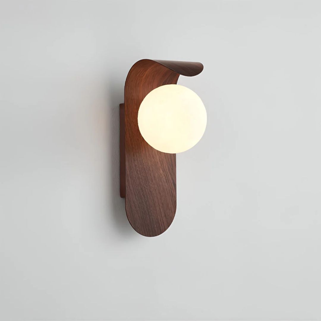 LED Wood Wall Sconce with Frosted Globe Shade for Bedroom & Hallway | Scandinavian Design Bedside Reading Light | 10 in Vertical Compact Fix