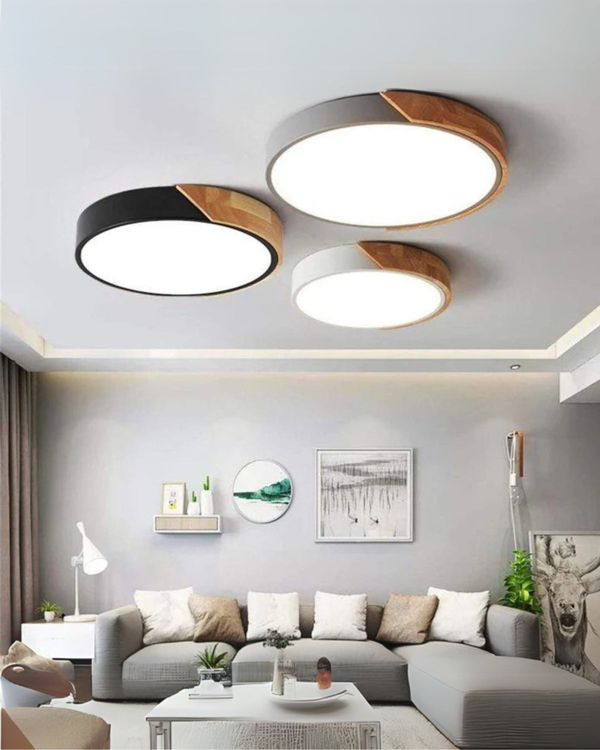 Round Flush Mount Ceiling Light with Wood Accent and Integrated LED – Modern Low Profile Fixture in 9, 12, 16, 20, and 24 inch Sizes for Liv