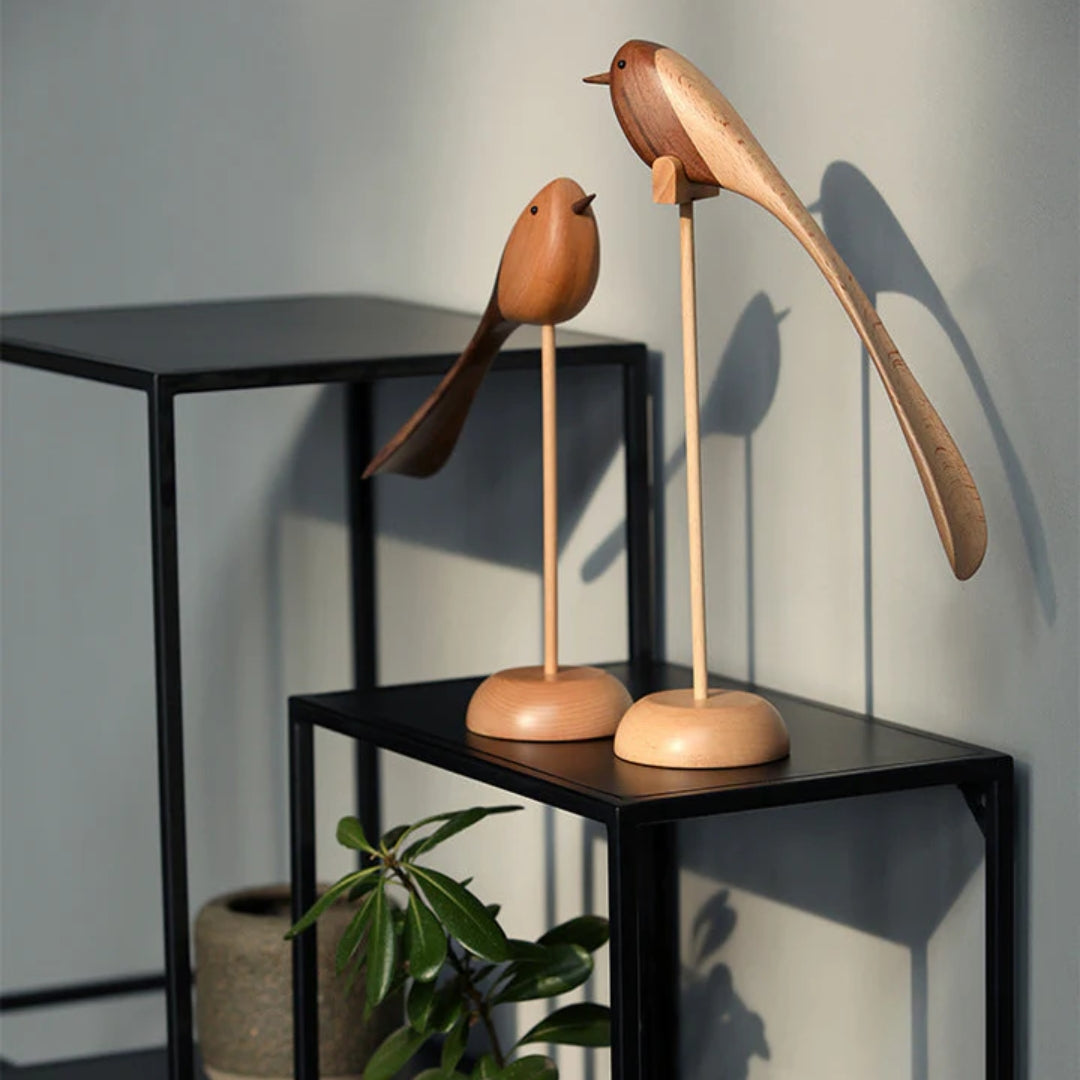 Handcrafted Wooden Bird Sculptures Set of 2 Decorative Figurines Modern Redwood Accent Pieces for Living Room Bedroom Office Mantel