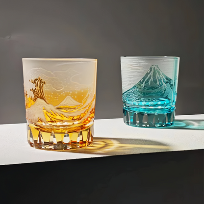 Japanese Wave Crystal Whisky Glass with Mt. Fuji Engraving in Golden or Blue Finish, Handcut Tumbler in Wooden Gift Box for Spirits and Bour