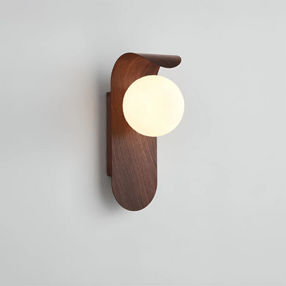 Modern LED Wall Sconce with Curved Wood Arm & Frosted Globe – Warm White Light for Bedroom, Living Room & Hallway – Natural or Walnut Finish