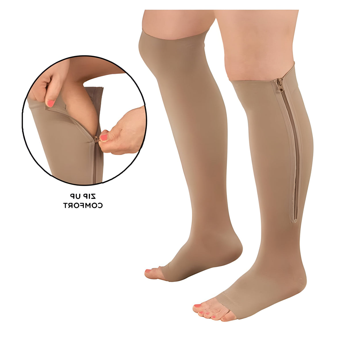 Open-Toe Knee-High Compression Socks with Side Zipper for Men & Women | Firm 20-30 mmHg Leg Support Stockings for Circulation, Swelling & Va