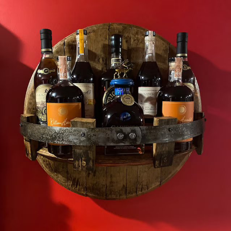 Round Barrel Wall Shelf – Solid Wood Floating Display for Bottles & Decor – Rustic Storage for Home Bar, Kitchen & Living Room