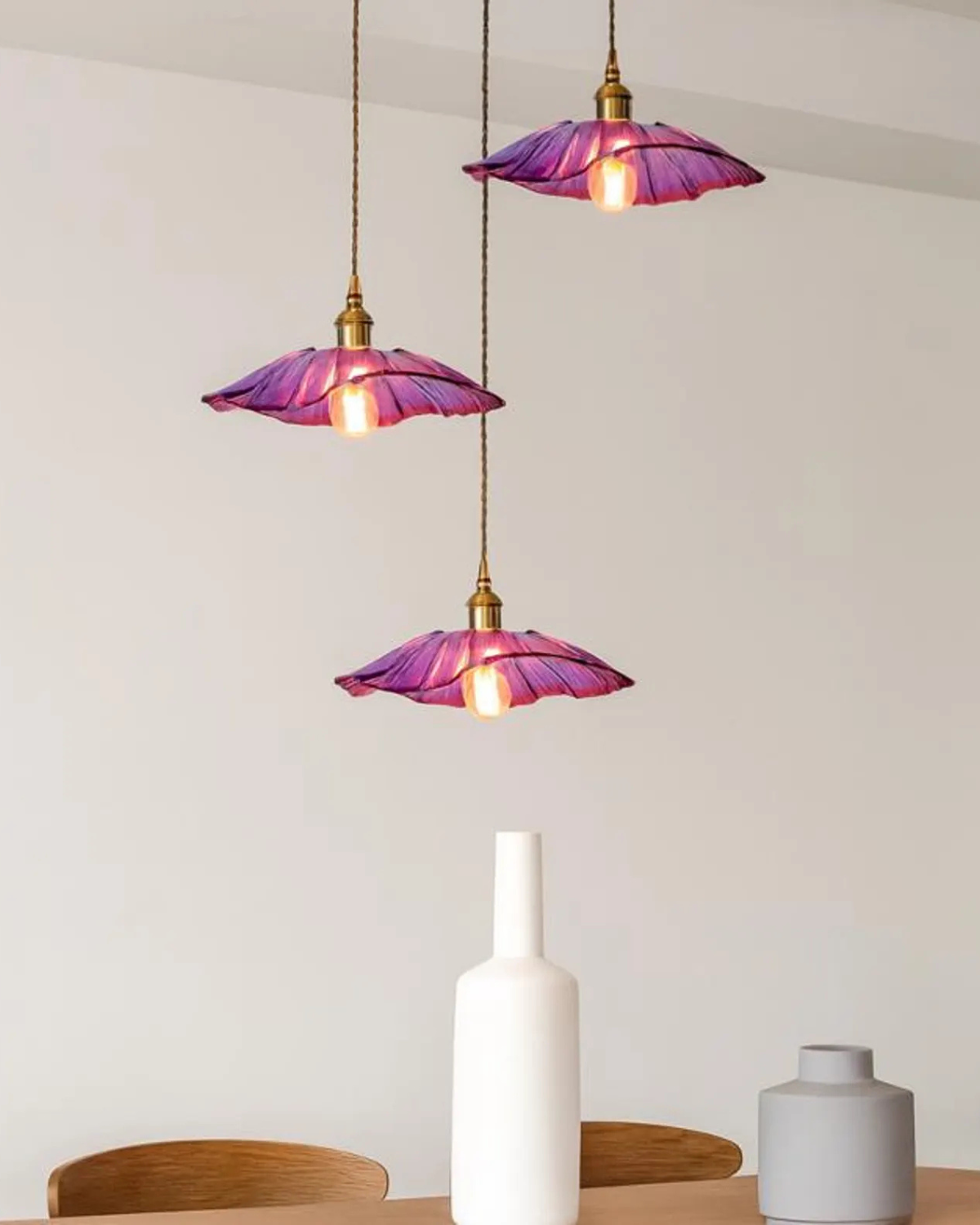 Glass Pendant Light with Brass Socket and Organic Petal Shape for Dining Room and Living Space