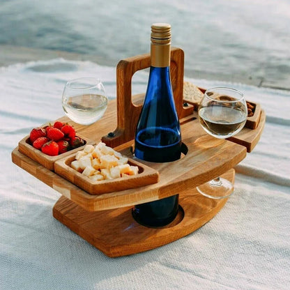 Portable Wooden Wine & Picnic Table with Carry Handle for Outdoor Dining | Folding Wine Caddy Tray for Beach, Park, Camping | Solid Wood