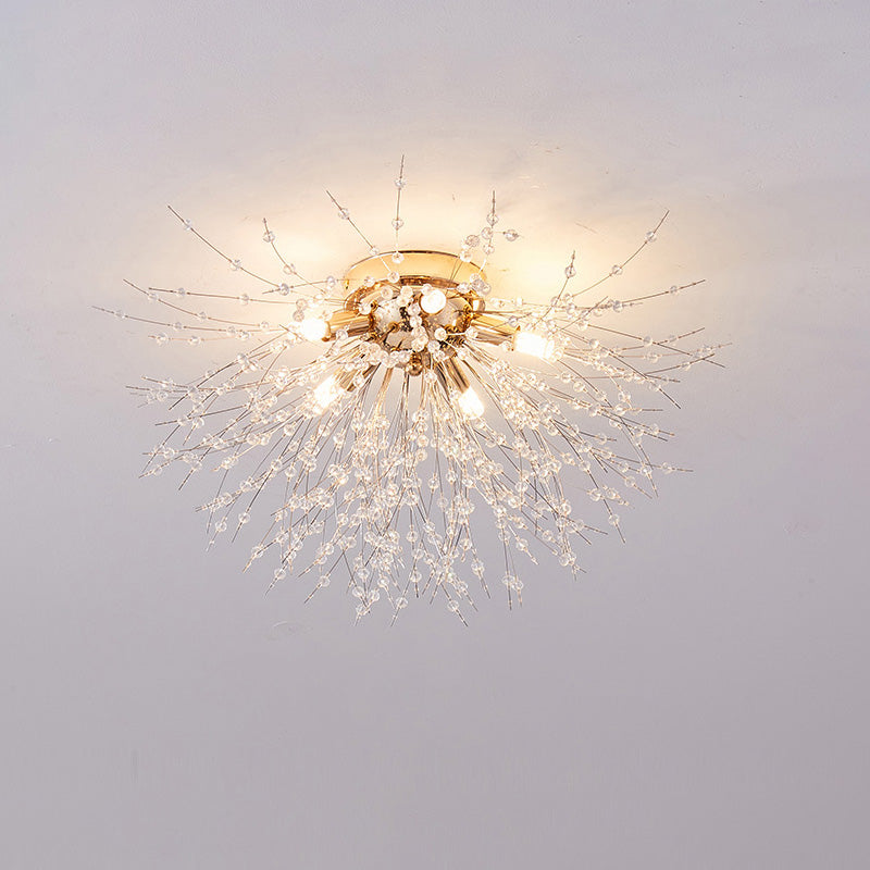 Plafonnier encastré au design pissenlit en cristal – Luminaire de 16 po doré et argenté pour chambre, couloir, salle de bain
