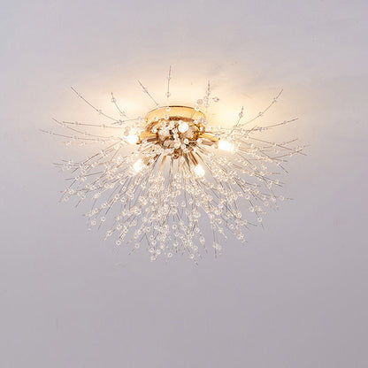 Plafonnier encastré au design pissenlit en cristal – Luminaire de 16 po doré et argenté pour chambre, couloir, salle de bain