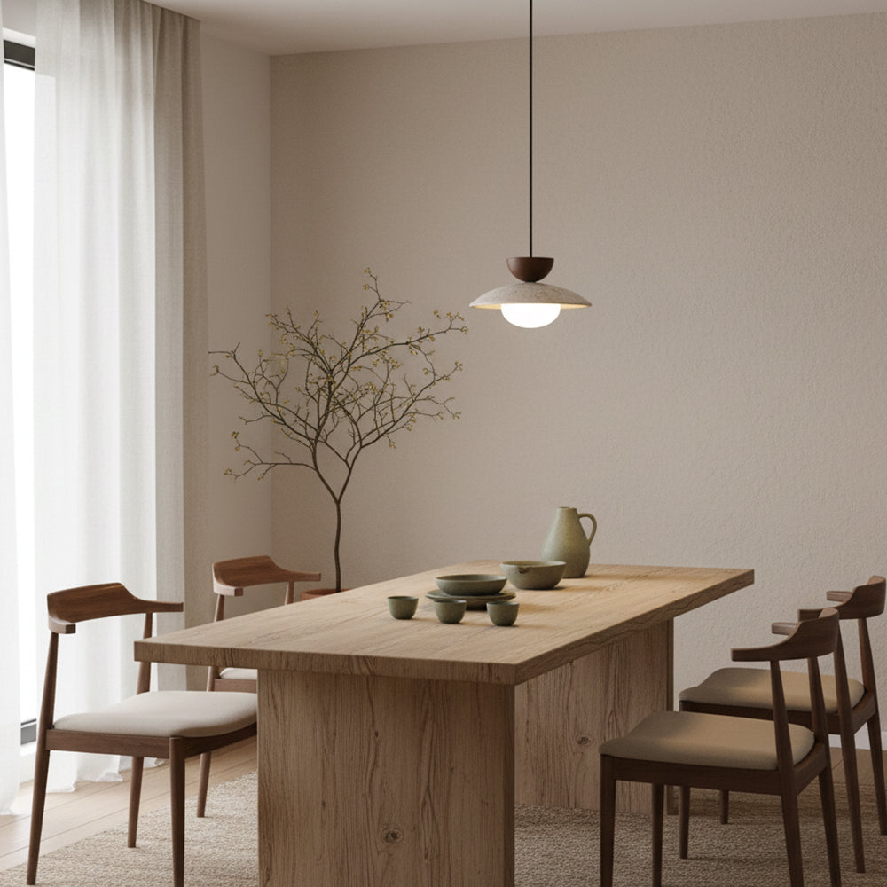 Travertine Glass Hanging Light Fixture with Wood Accent for Kitchen Island Dining Room Overhead Suspension Lamp Adjustable Cord Ceiling Moun