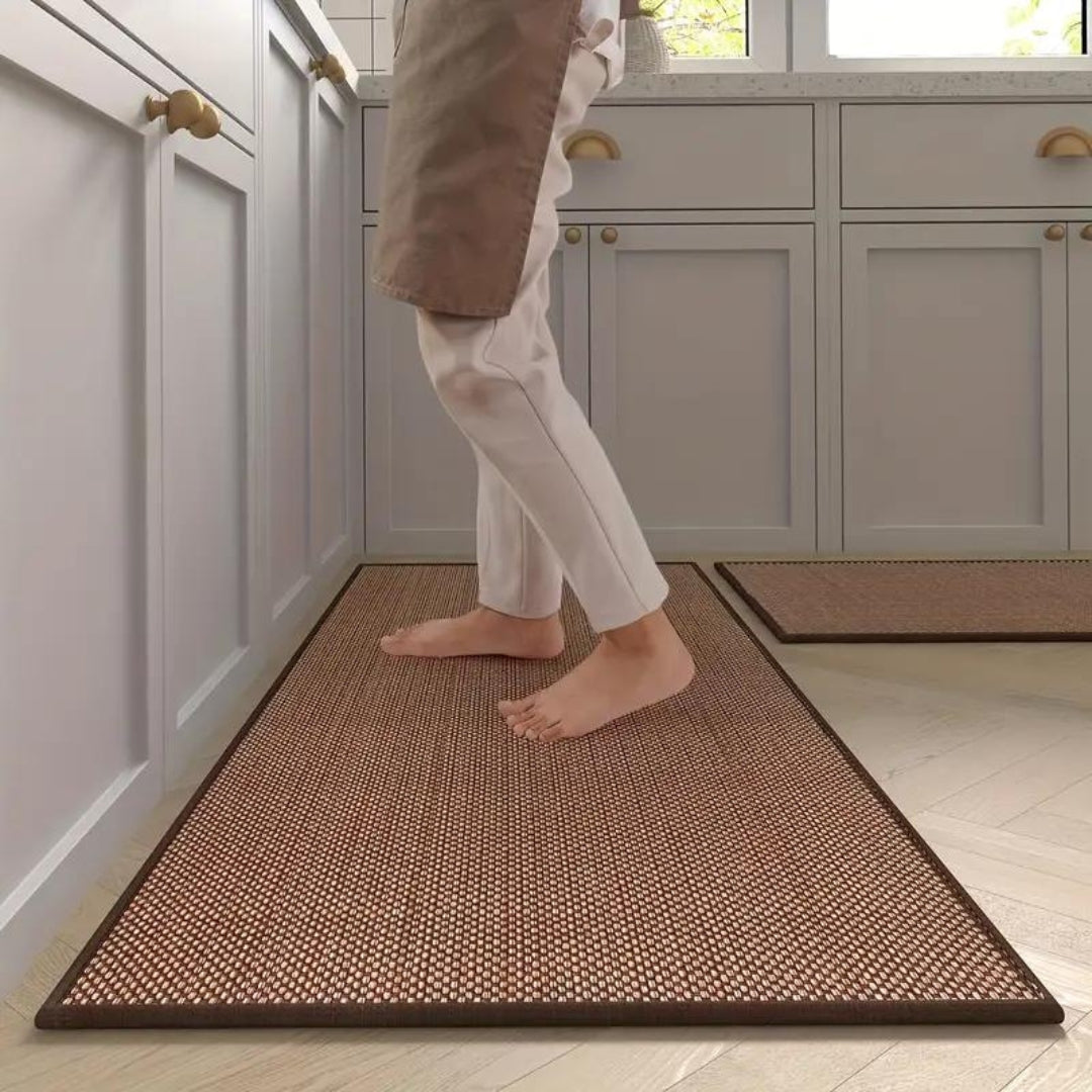 Anti-Fatigue Kitchen Floor Mat Set 2-Piece Cushioned PVC Foam Non-Slip Runner Beige Washable Comfort Rug for Cooking Prep Sink Area Standing