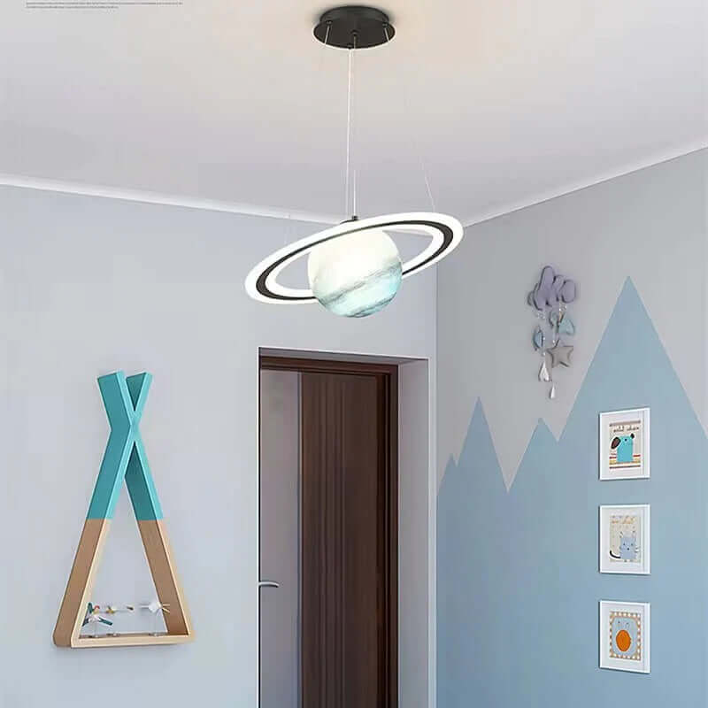 Hanging Space-Themed Fixture for Kids' Rooms Blue Acrylic Spherical Ceiling Lamp with LED Ring Light for Nursery Playroom Bedroom Decor Susp