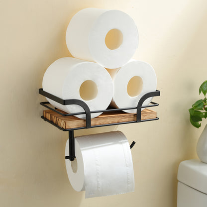 Metal & Wood Bathroom Tissue Dispenser Shelf 7.9 Inches Wall Mount Organizer Powder Room Storage Rack Home Essentials Holder for Small Space