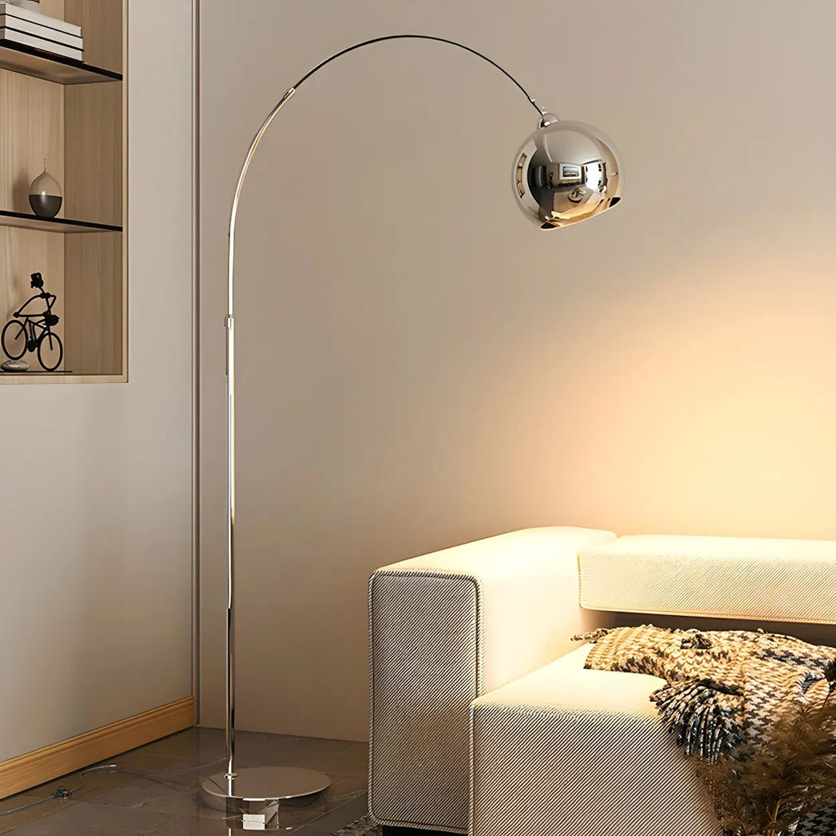 Lampadaire arqué chromé avec abat-jour dôme, 180 cm, douille E27, interrupteur à pied