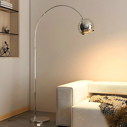 Lampadaire arqué chromé avec abat-jour dôme, 180 cm, douille E27, interrupteur à pied