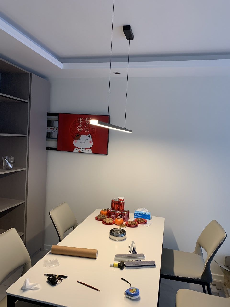 Suspended LED Strip Fixture for Countertop Islands – Dimmable Metal Bar Light with Remote in Matte or Gloss White – 39 to 102 in Adjustable