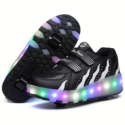 Kids Light-Up Wheeled Shoes with Removable Rollers LED Sneakers Hook-and-Loop Strap Pink Faux Leather for Boys Girls Active Play