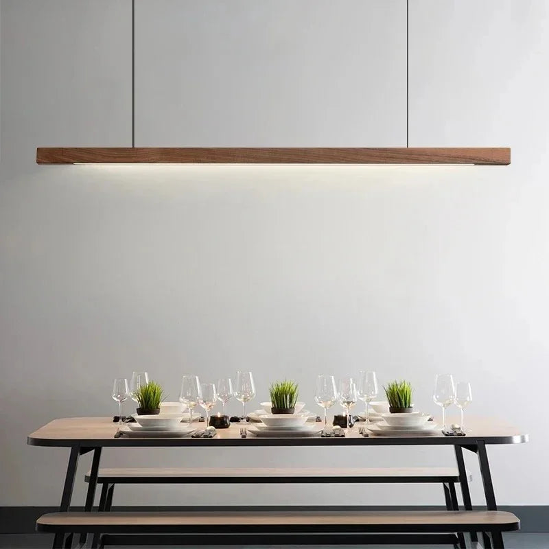 Linear Wood Hanging Light for Kitchen Island & Dining Table – Adjustable LED Ceiling Fixture in Pine or Walnut, 31-71 in Wide, Dimmable Opti