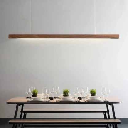 LED Wood Dining Room Fixture 47-Inch Linear Hanging Light Adjustable Height Island Chandelier Natural Pine Kitchen Suspended Lighting Modern