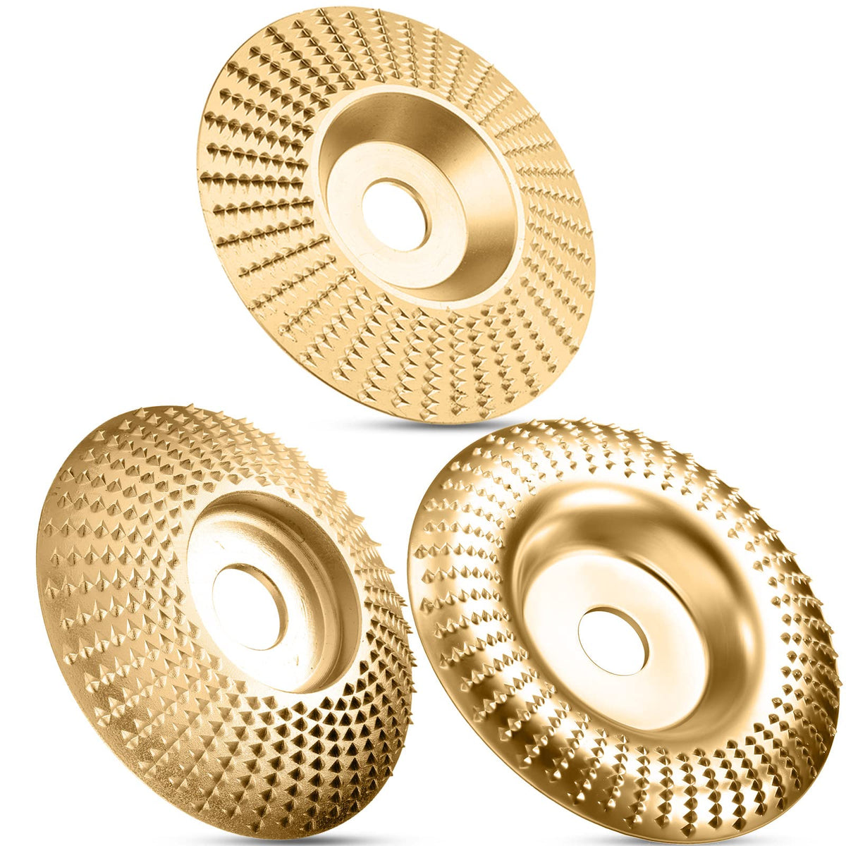 Carbide Abrasive Disc Set for Angle Grinders Gold 3-Piece Wood Shaping Kit Flat Bevel Arc 4 Inch for Woodworking Carving Sanding