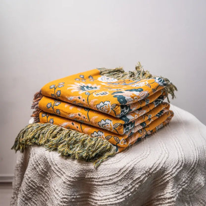 Reversible Cotton Throw Blanket with Tassels – Bohemian Floral Design for Couch, Sofa, or Bed – Warm & Decorative Home Accent