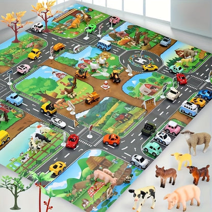 Kids Play Mat with Farm & Road Design for Toy Cars & Animals - Educational Activity Rug for Toddlers & Preschoolers