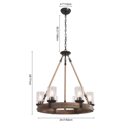Rustic Circular Chandelier 6-Bulb Hemp Rope Pendant Brown Wood Ring Seeded Glass Shades Farmhouse Dining Room Entryway Hardwired Ceiling