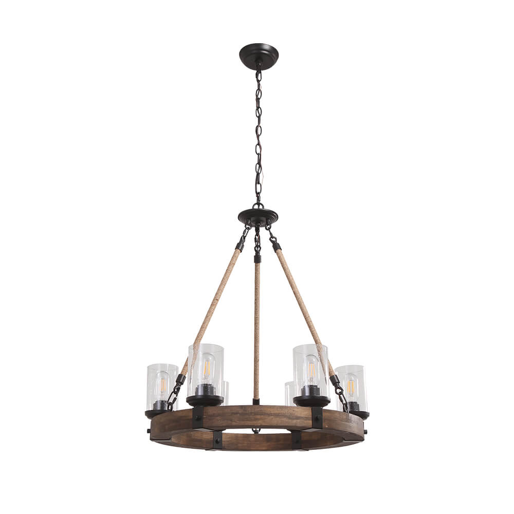 Rustic Circular Chandelier 6-Bulb Hemp Rope Pendant Brown Wood Ring Seeded Glass Shades Farmhouse Dining Room Entryway Hardwired Ceiling