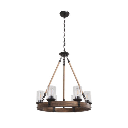 Rustic Circular Chandelier 6-Bulb Hemp Rope Pendant Brown Wood Ring Seeded Glass Shades Farmhouse Dining Room Entryway Hardwired Ceiling