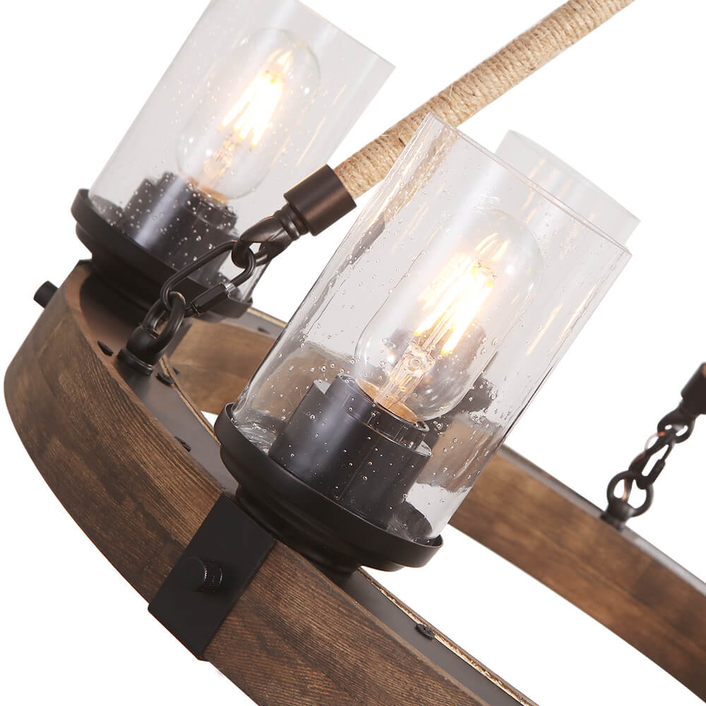 Rustic Circular Chandelier 6-Bulb Hemp Rope Pendant Brown Wood Ring Seeded Glass Shades Farmhouse Dining Room Entryway Hardwired Ceiling