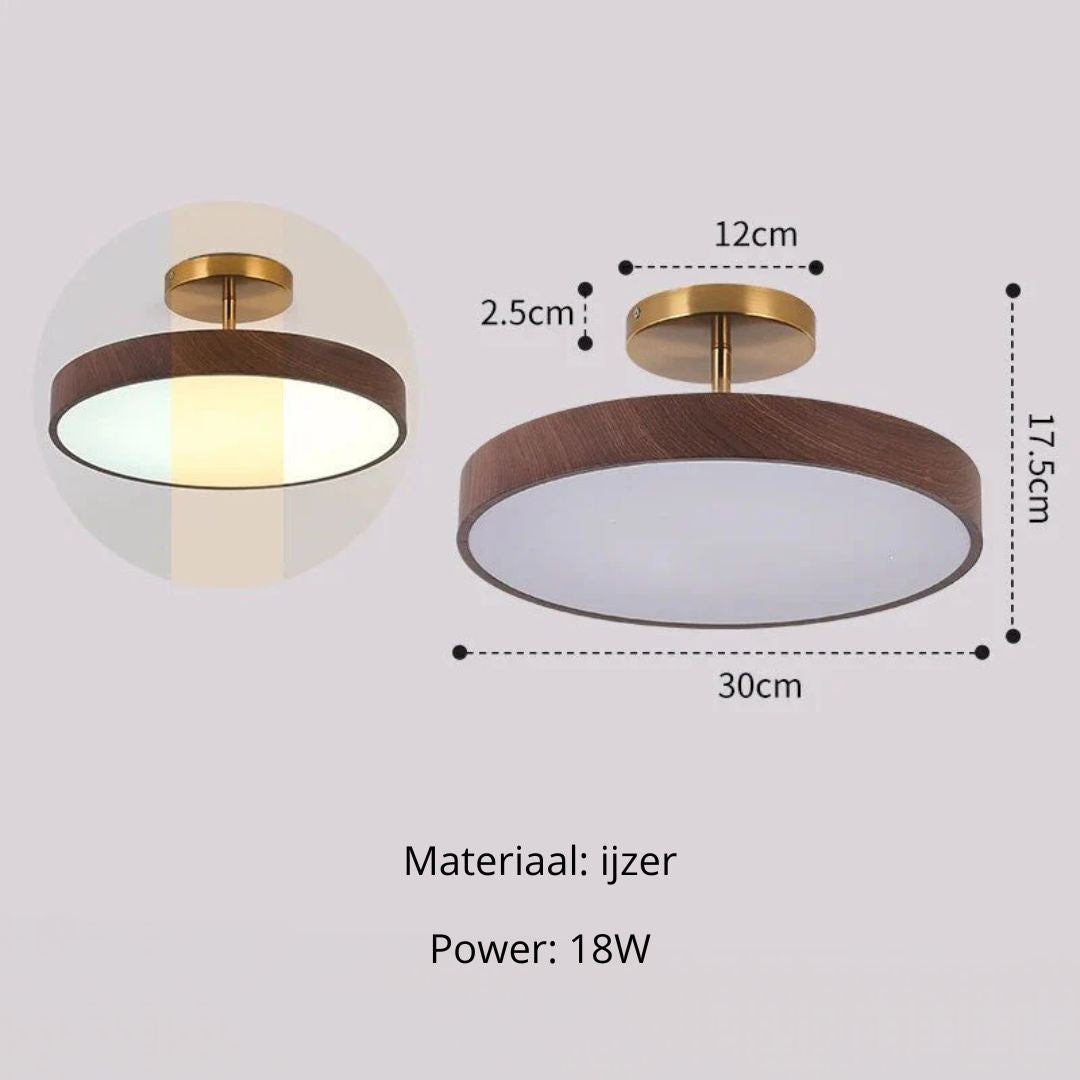 Round LED Flush Mount Ceiling Light with Faux Wood Finish – Iron Frame, Integrated Panel, 220-240V – For Bedroom, Living Room, Dining Room