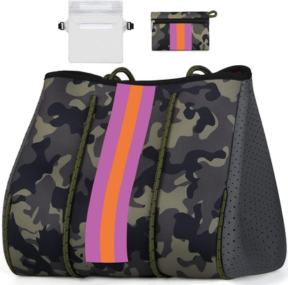 Neoprene Beach Bag with Inner Zipper Pocket, Large Beach Tote Bag with Purse, Machine Washable Travel Tote Bag