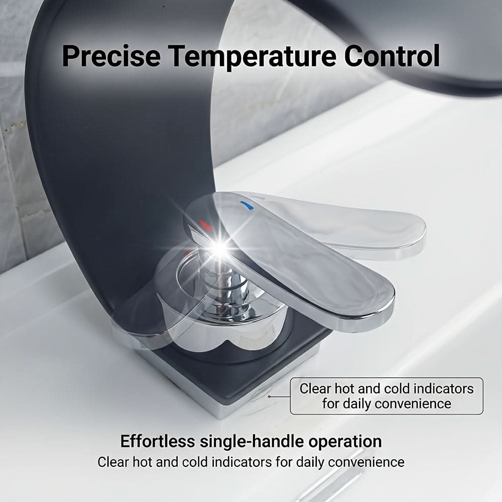 Curved Waterfall Bathroom Sink Faucet with Mirror Finish – Single Handle Hot & Cold Mixer Tap for Modern Vanity & Basin – Polished