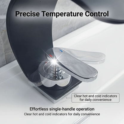 Curved Waterfall Bathroom Sink Faucet with Mirror Finish – Single Handle Hot & Cold Mixer Tap for Modern Vanity & Basin – Polished