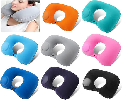 Inflatable Neck Travel Pillow with Built-In Hand Pump for Airplane, Car & Train Trips | Waterproof Ergonomic Support | Compact Portable Desi