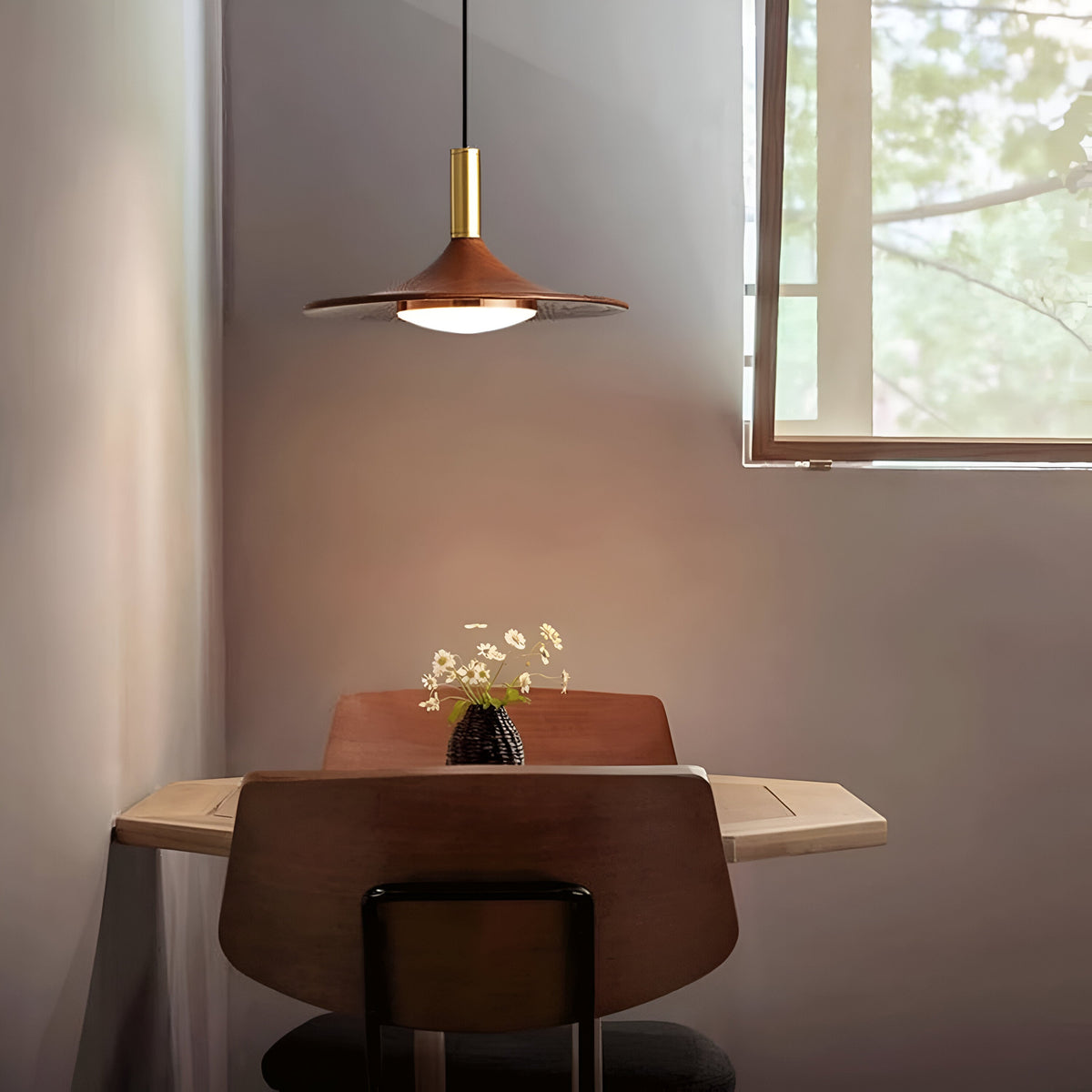 Sculptural Metal Shade Ceiling Fixture with Organic Wood-Tone Accent – 10 in or 14 in Drop Light for Island Counter Bar and Breakfast Nook –